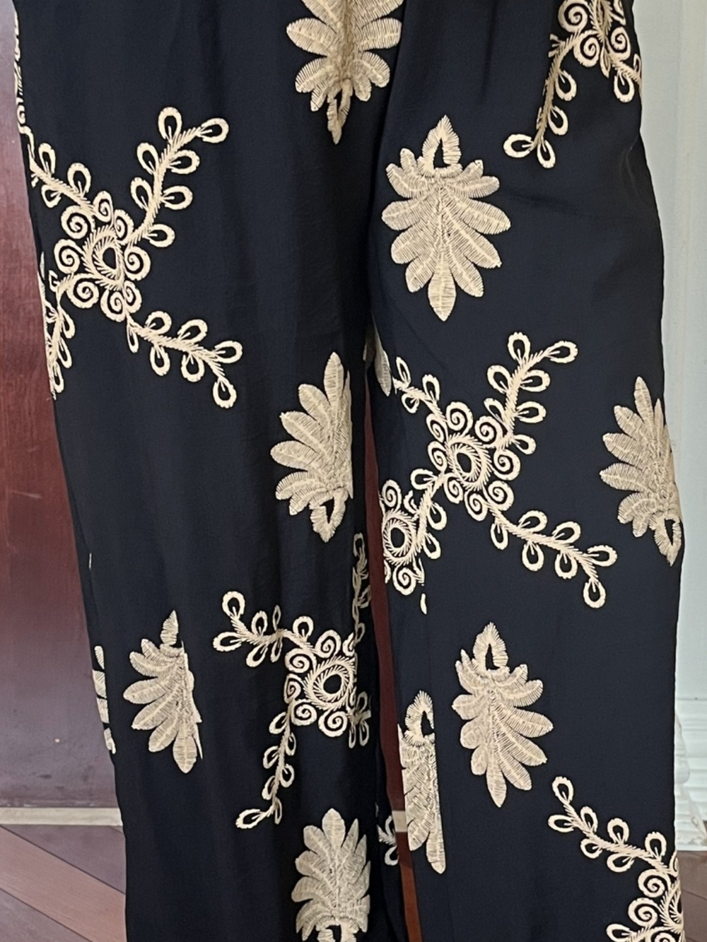 Black Wide-Leg Pants with Gold Embroidered Floral Design